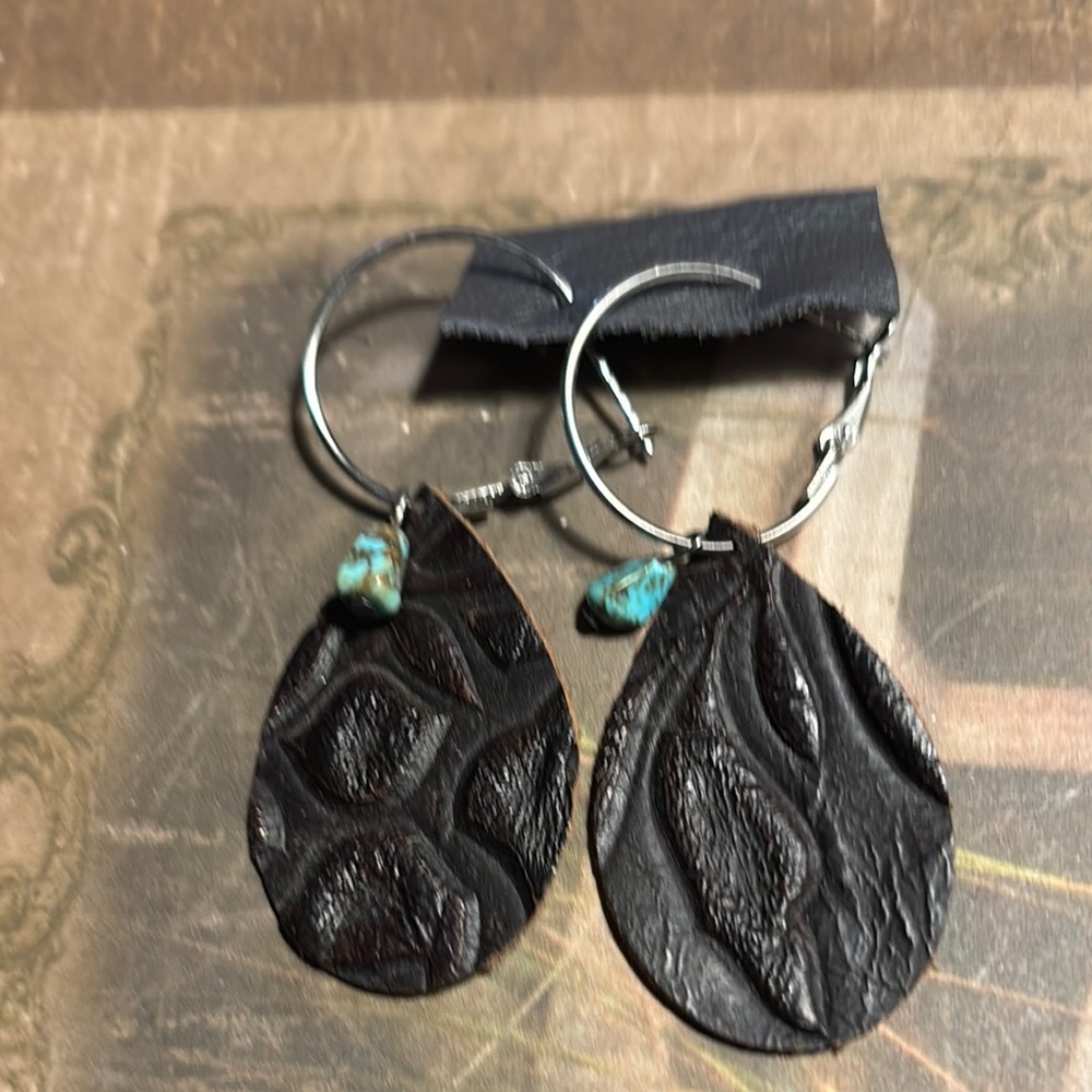 Black Leather Hoop Earrings with Turquoise Bead Accents